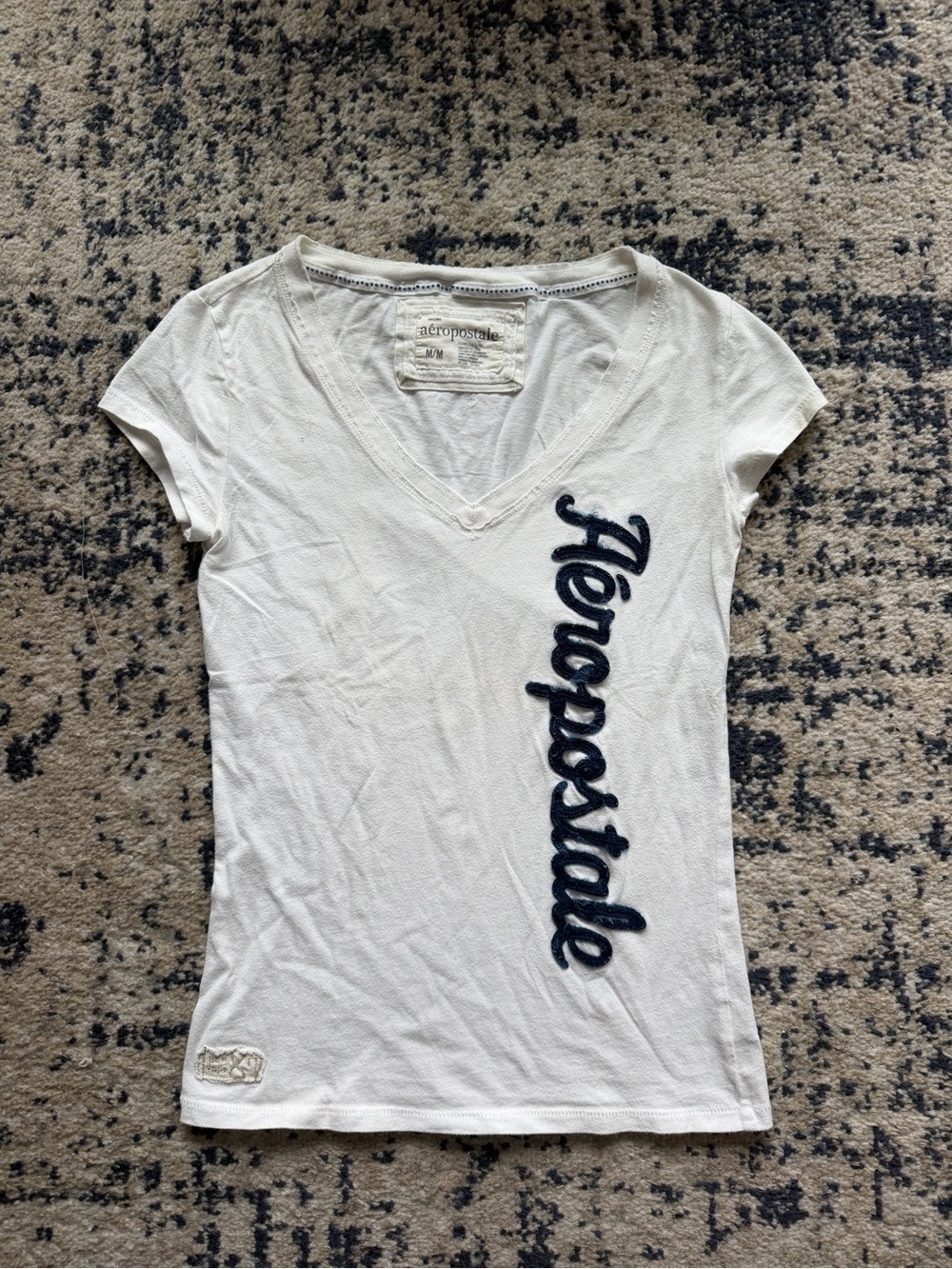 Aeropostale White V-Neck Tee with Navy Script Logo